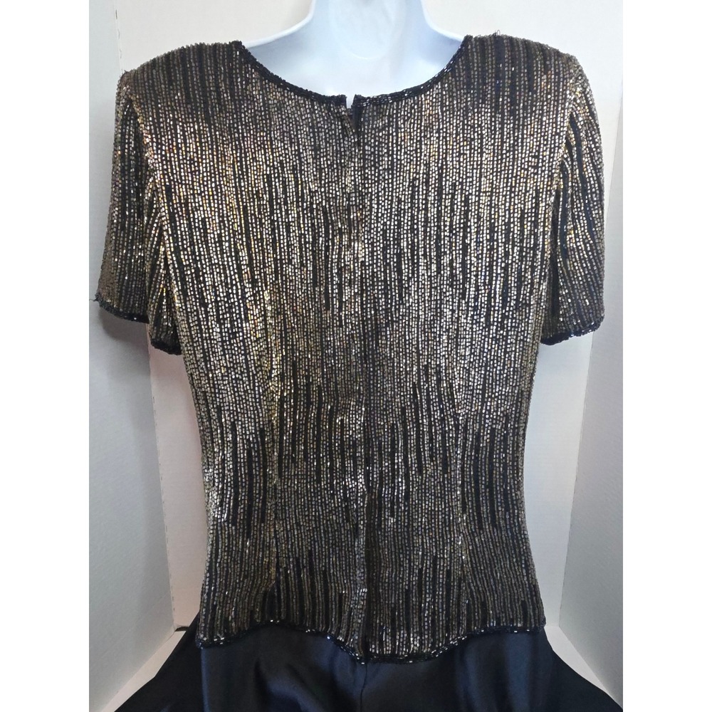 VTG Stenay Glass Bead Bodice Silk Evening Dress Black Short Sleeve Full Skirt 16
